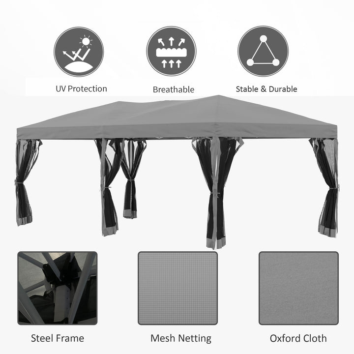 Outsunny 3 x 6 m Garden Pop Up Gazebo Marquee Water-Resistant Party Tent Wedding Canopy Awning w/ Mesh Sidewalls and Storage Bag, Grey