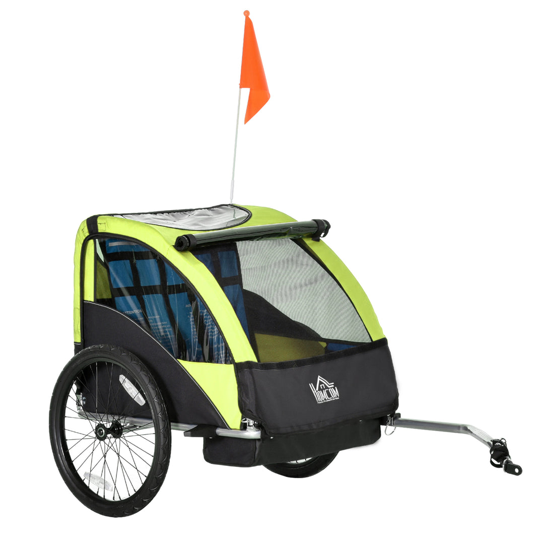 Trailer for Kids Child Bike Foldable 2-Seat Baby Transport Carrier with Storage Bag Five-point Safety Harness Green