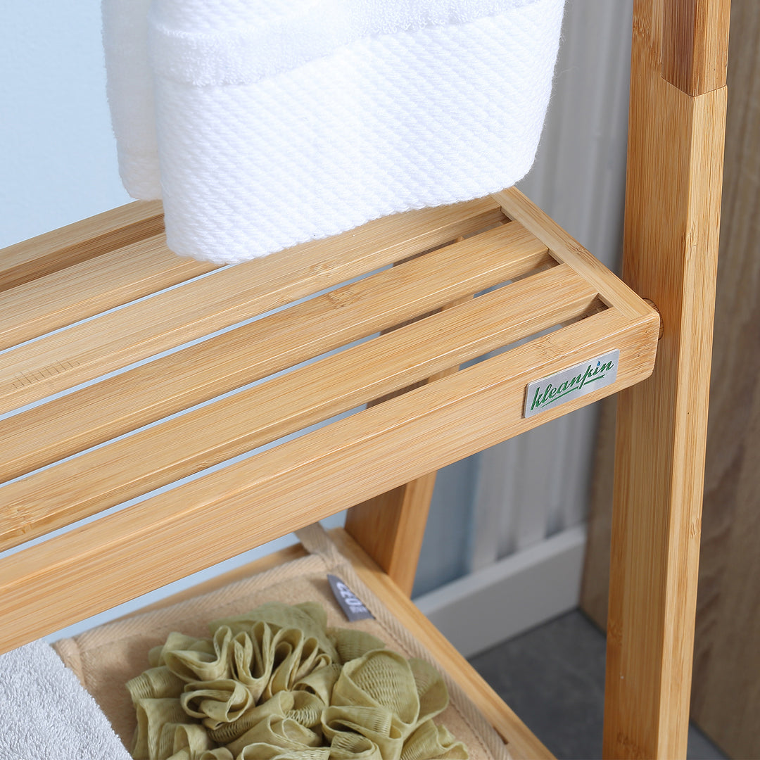 Natural Bamboo Towel Rack with 3 Towel Rails & 3 Storage Shelves for Bathroom