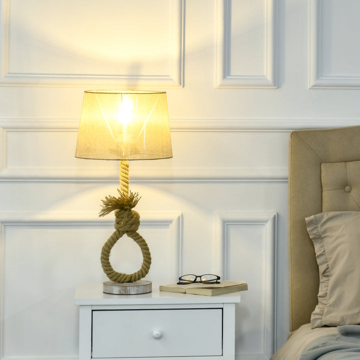 HOMCOM Nautical Table Lamp, Farmhouse Bedside Lamp with Knotted Rope and Fabric Lampshade for Bedroom, Study, Living Room, Beige