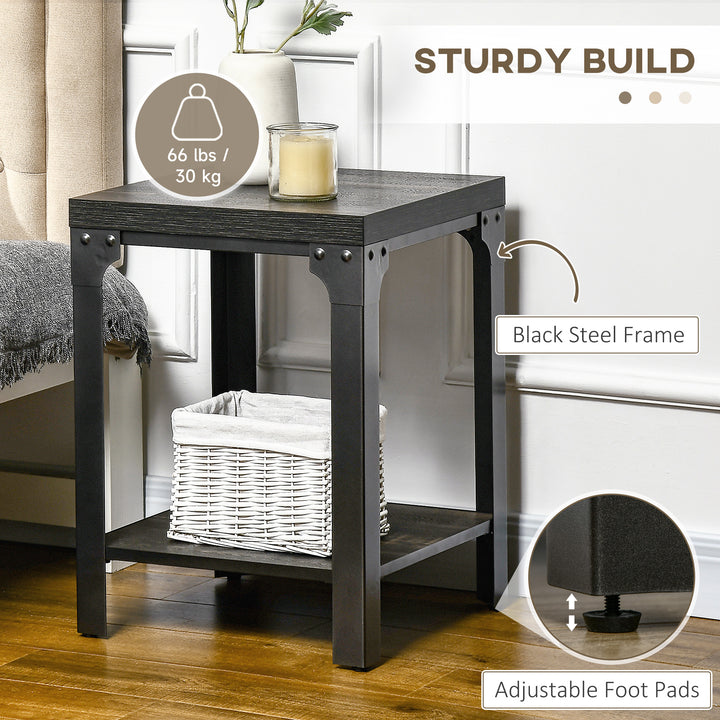 Industrial Side Table Set of 2 with Storage Shelf, Bedside Tables with Steel Frame and Thickened Top, Living Room Bedroom, Dark Walnut