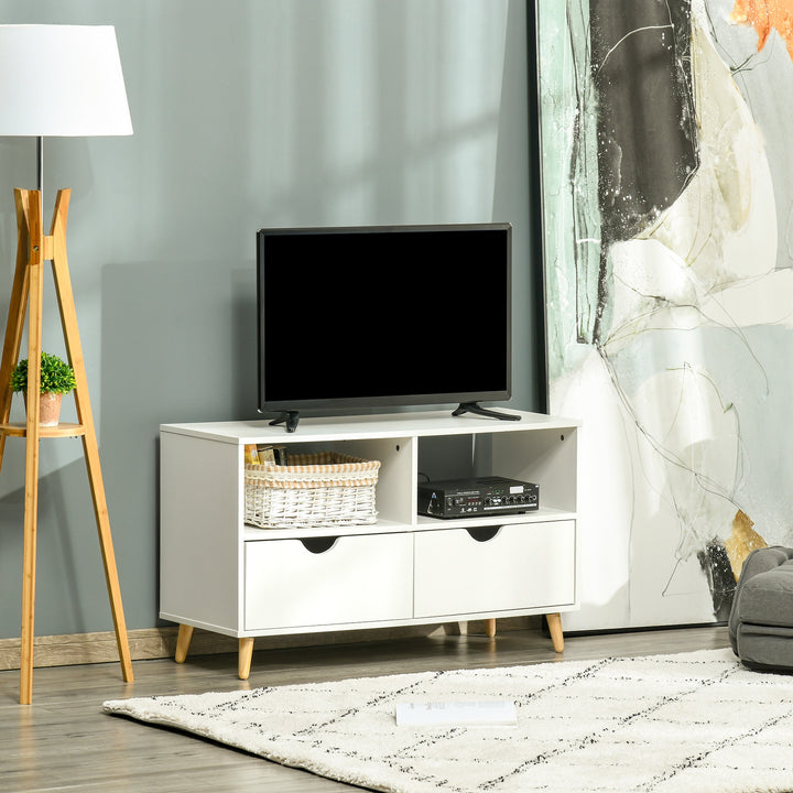 HOMCOM TV Stand with Shelf &amp; Drawers Storage Cabinet Media Entertainment Center Modern White