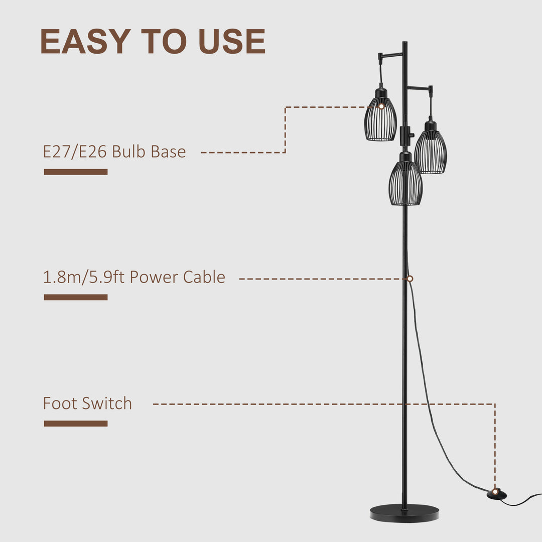 Industrial 3-Light Floor Lamp, Dimmable Standing Lamp with Metal lampshades for Living Room, Bedroom, Dinging Room, Study, Black