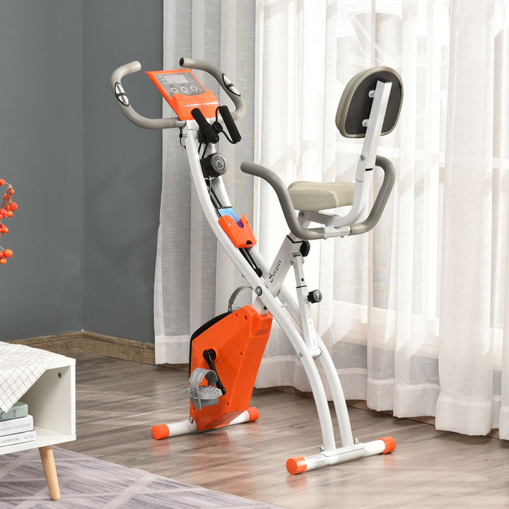 HOMCOM 2-in-1 Upright  Exercise Bike Stationary Foldable Magnetic Recumbent Cycling with Arm Resistance Bands Orange