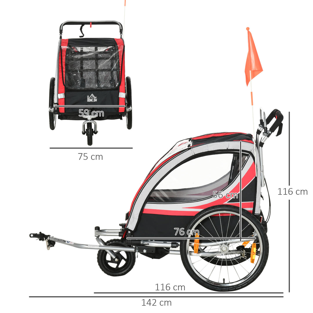 Child Bike Trailer 2 In 1 Baby Stroller 2-Seater Transport Carrier with Brake, 5 Point Harness, Storage Bag, Reflector, Flag, Red