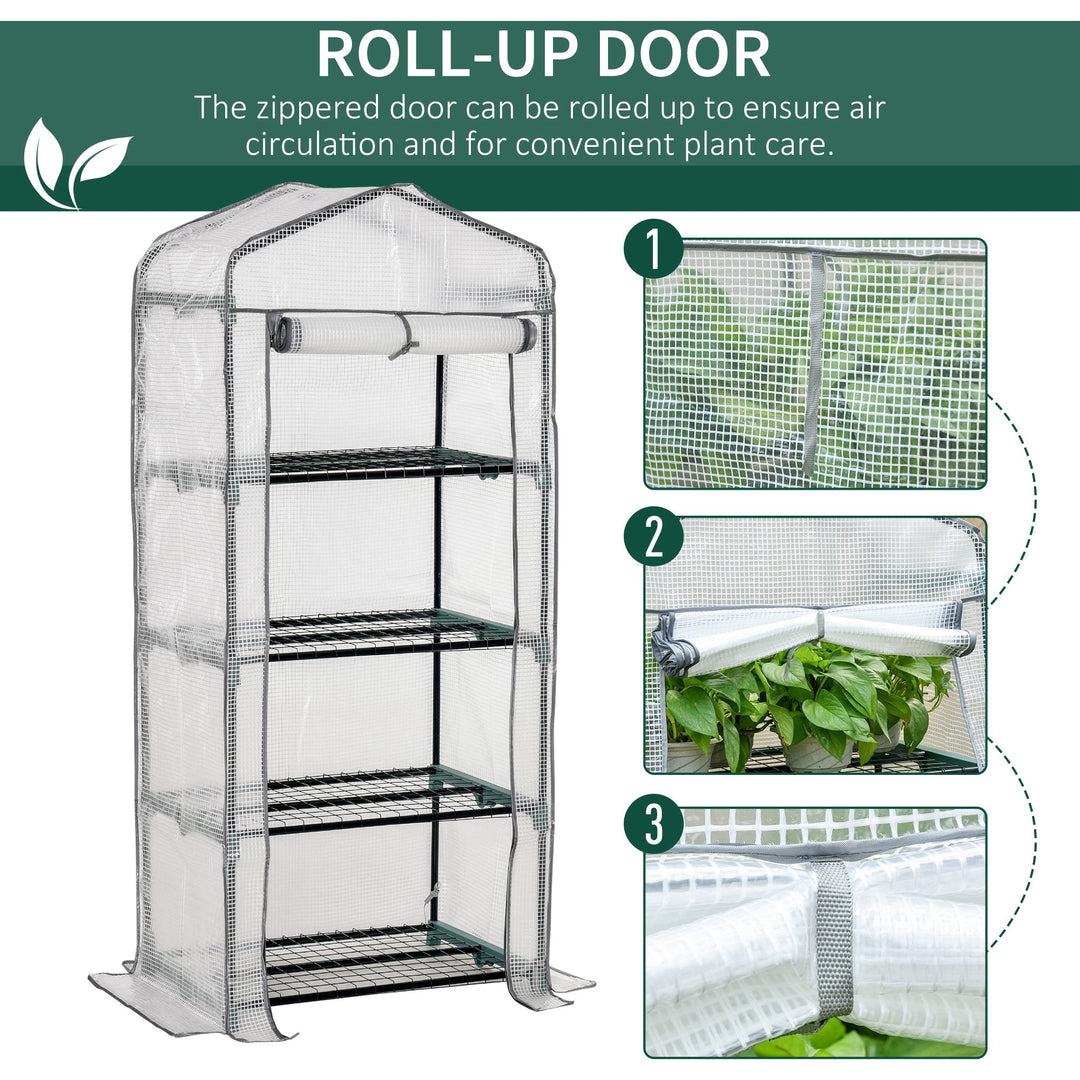 Outsunny 4 Tiers Mini Portable Greenhouse Plant Grow Shed Metal Frame PE Cover 160H x 70L x 50Wcm, White