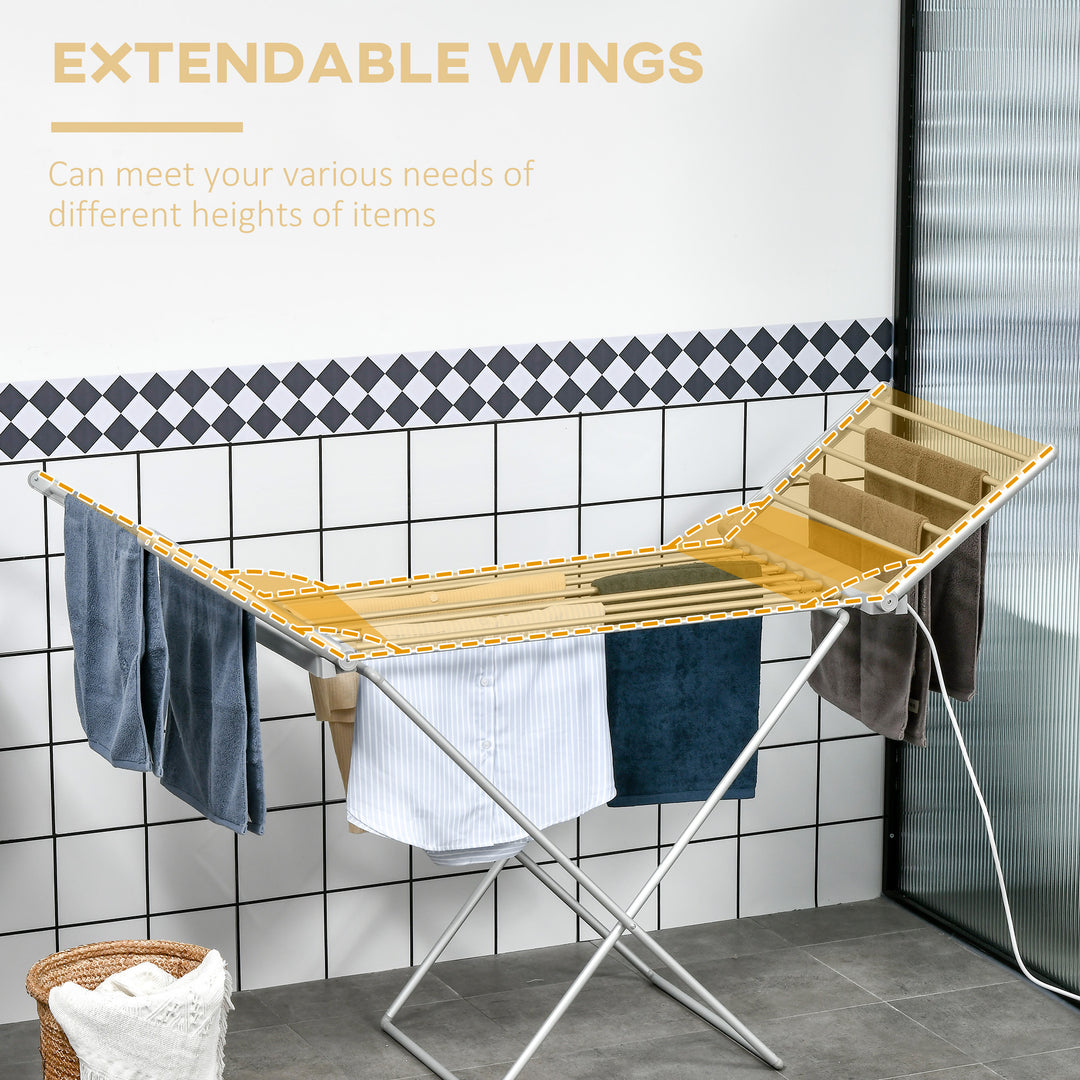 Electric Heated Clothes Dryer, Folding Energy-Efficient Indoor Airer with Extendable Wings, Laundry Drying Horse Rack, Silver