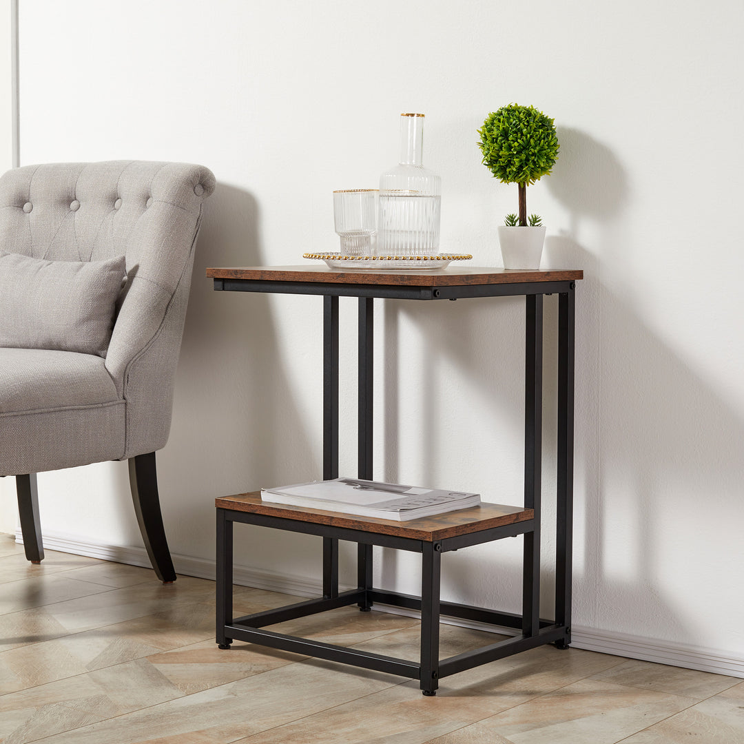 Side Table, Double Layer End Table, Modern Coffee Table with Steel Frame and Adjustable Non-Slip Feet for Living room, Bedroom, Rustic Brown