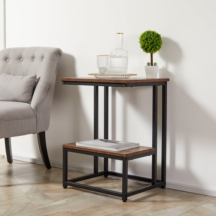 Side Table, Double Layer End Table, Modern Coffee Table with Steel Frame and Adjustable Non-Slip Feet for Living room, Bedroom, Rustic Brown