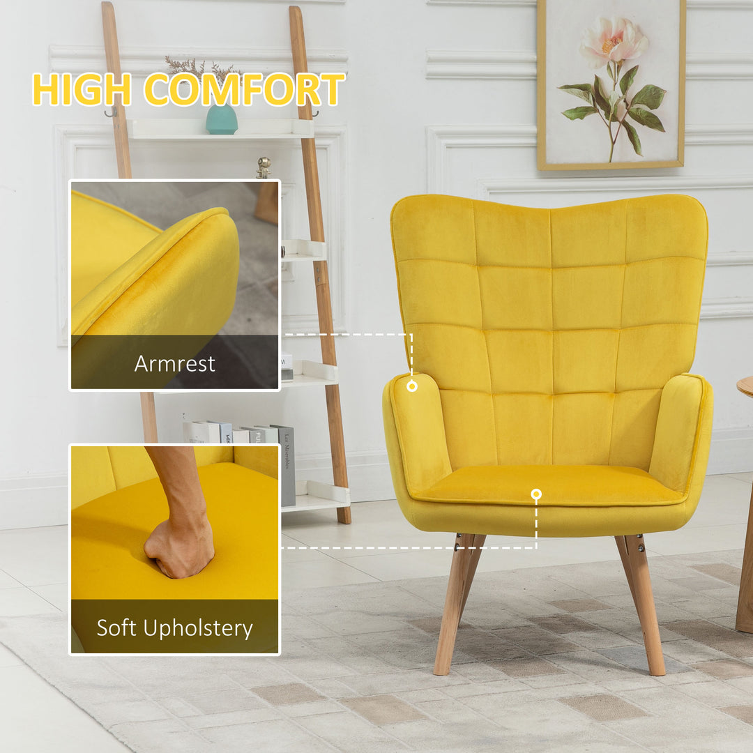 HOMCOM Modern Accent Chair Velvet-Touch Tufted Wingback Armchair Upholstered Leisure Lounge Sofa Club Chair with Wood Legs, Yellow