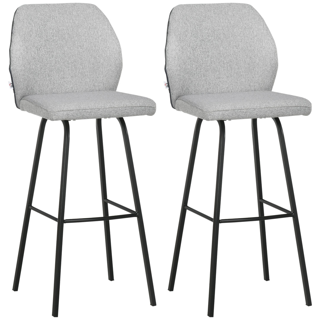 Bar Stools Set of 2, Linen-Touch Upholstered Bar Chairs, Kitchen Stools with Backs and Steel Legs, Light Grey
