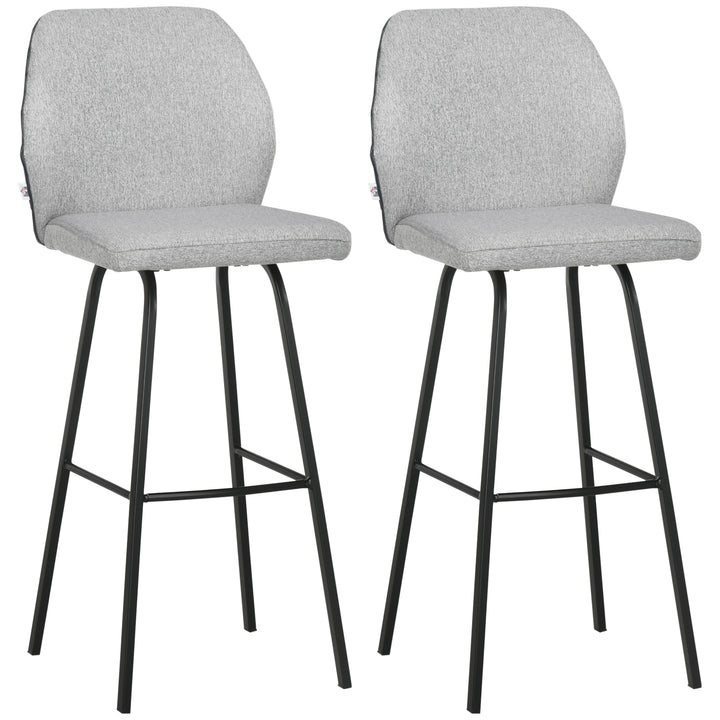 Bar Stools Set of 2, Linen-Touch Upholstered Bar Chairs, Kitchen Stools with Backs and Steel Legs, Light Grey