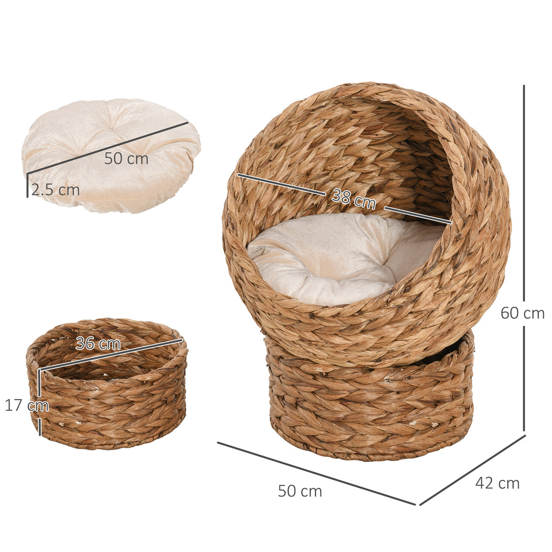 Wicker Cat Bed, Raised Rattan Cat Basket with Cylindrical Base, Soft Washable Cushion, Brown, 50 x 42 x 60 cm