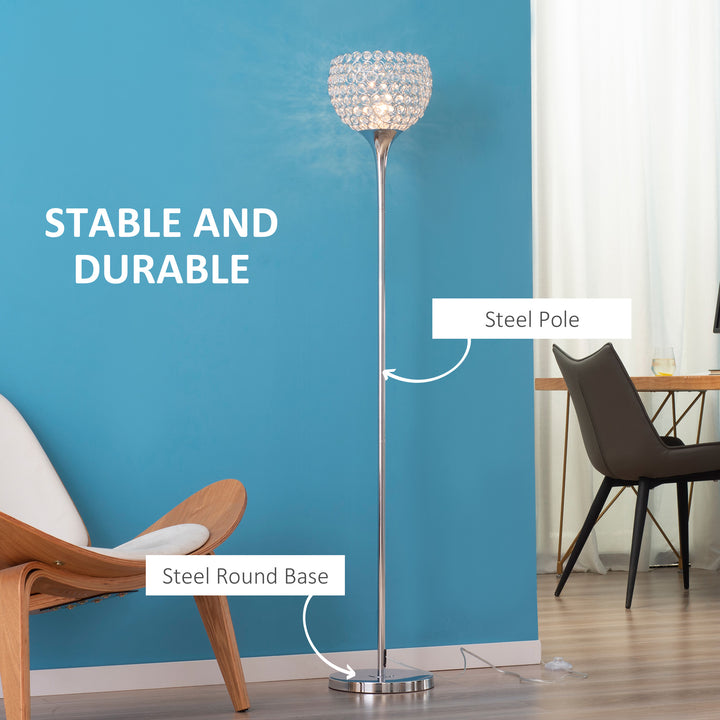 Modern Floor Lamp with K9 Crystal Lampshade, Tall Standing Lamp with E27 Bulb Base and Foot Switch for Living Room Bedroom Study Office Silver