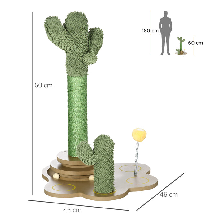 PawHut 60cm Cactus-shaped Cat Tree, Kitty Activity Center with Turntable Interactive Ball Toys, Chenille Cat Tower with Sisal Scratching Post, Green