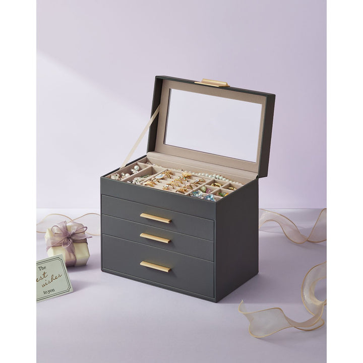 Jewellery Box with Glass Lid Grey and Gold Colour