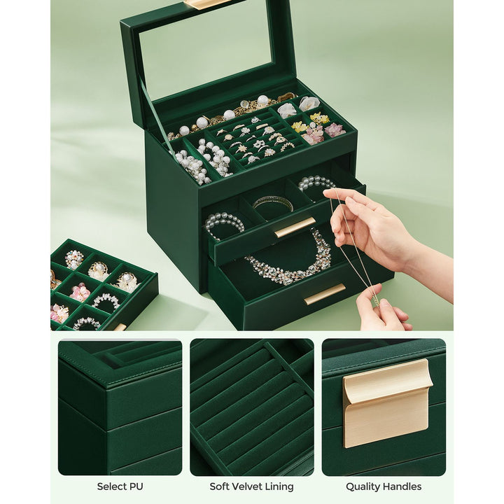 Jewellery Box with Glass Lid Forest Green and Gold Colour