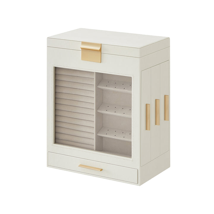 Jewellery Box w/ Glass Window, 5-Layers w/ 3 Side Drawers-Cloud White