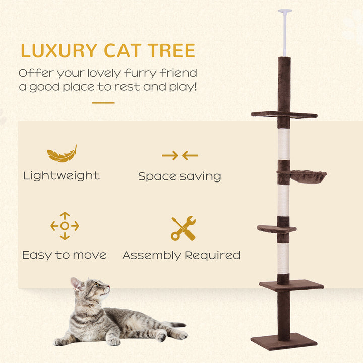 PawHut Floor to Ceiling Cat Tree for Indoor Cats 5-Tier Kitty Tower Climbing Activity Center Scratching Post Adjustable Height 230-260 cm Brown