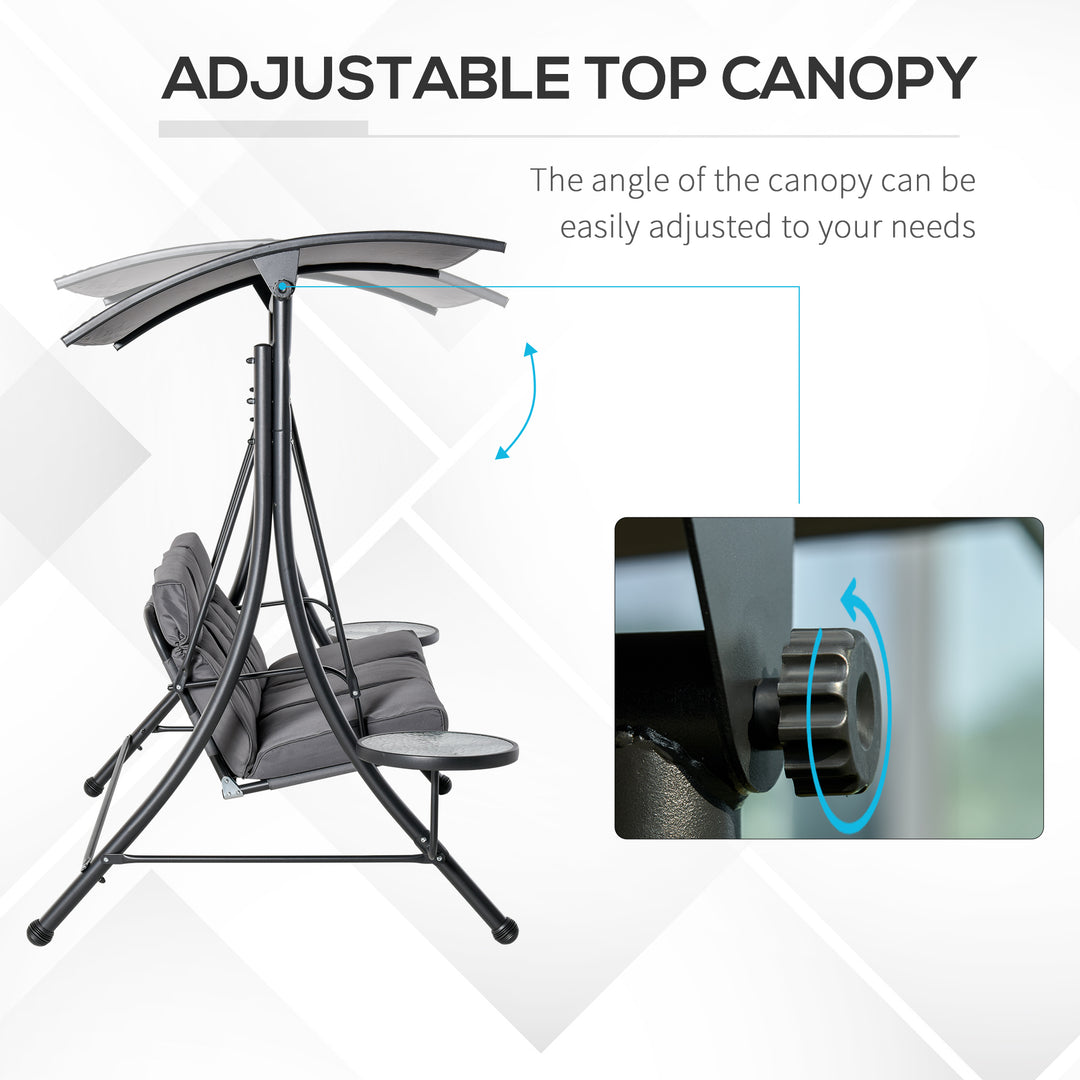 Outsunny 3 Seater Garden Swing Chair with Adjustable Canopy, Cushion and Coffee Tables for Outdoor Patio Garden Grey