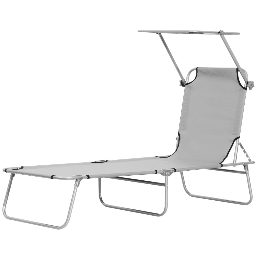 Reclining Chair Folding Lounger Seat with Sun Shade Awning Beach Garden Outdoor Patio Recliner Adjustable, Light Grey