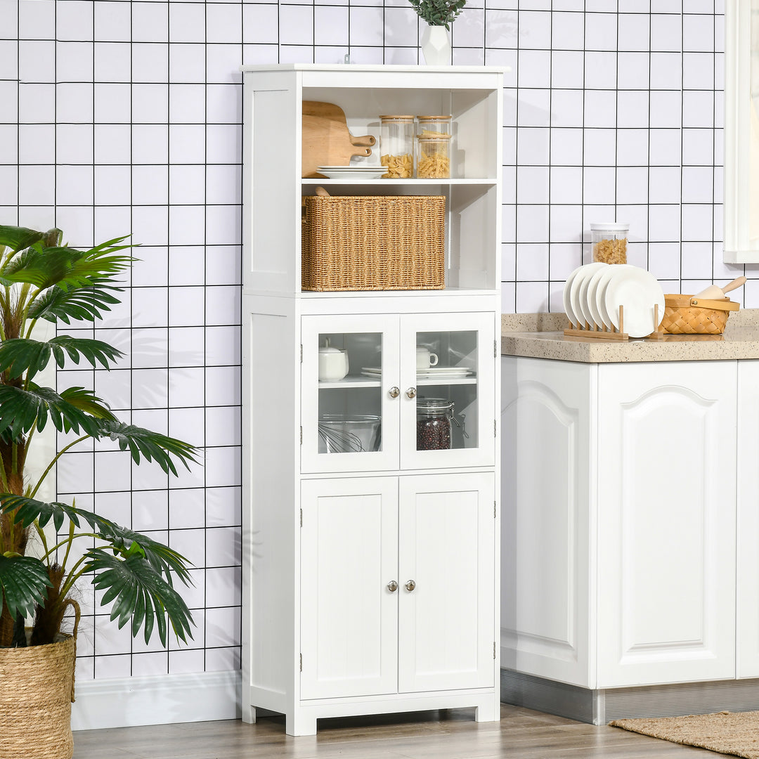 Freestanding Kitchen Cupboard, 4-Door Storage Cabinet with Adjustable Shelf and Glass Doors for Dining Room, Living Room, White