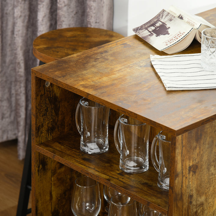 3 Piece Industrial Style Bar Table Set, Pub Dining Table Set Height Table and 2 Stools with Storage Shelf, Rustic Brown