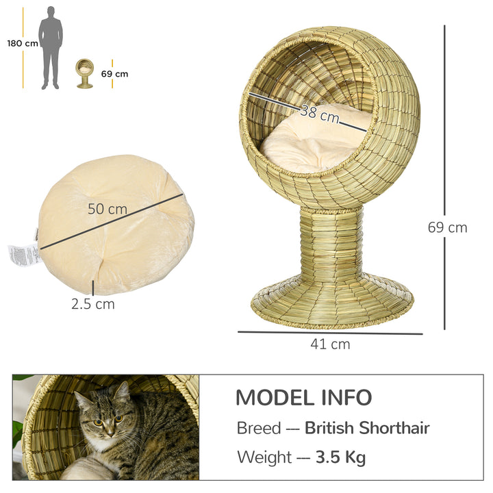 Raised Cat House, Natural Mat Grass Cat Bed, Kitten Cave with Stand Cushion, Detachable Top, Round, Yellow, Φ41x 71,5 cm