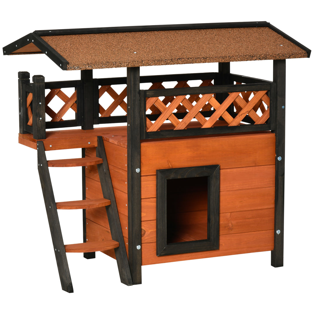 Cat House Outdoor Kitten Shelter Puppy Kennel with Balcony Stairs Asphalt Roof, 77 x 50 x 73 cm, Brown