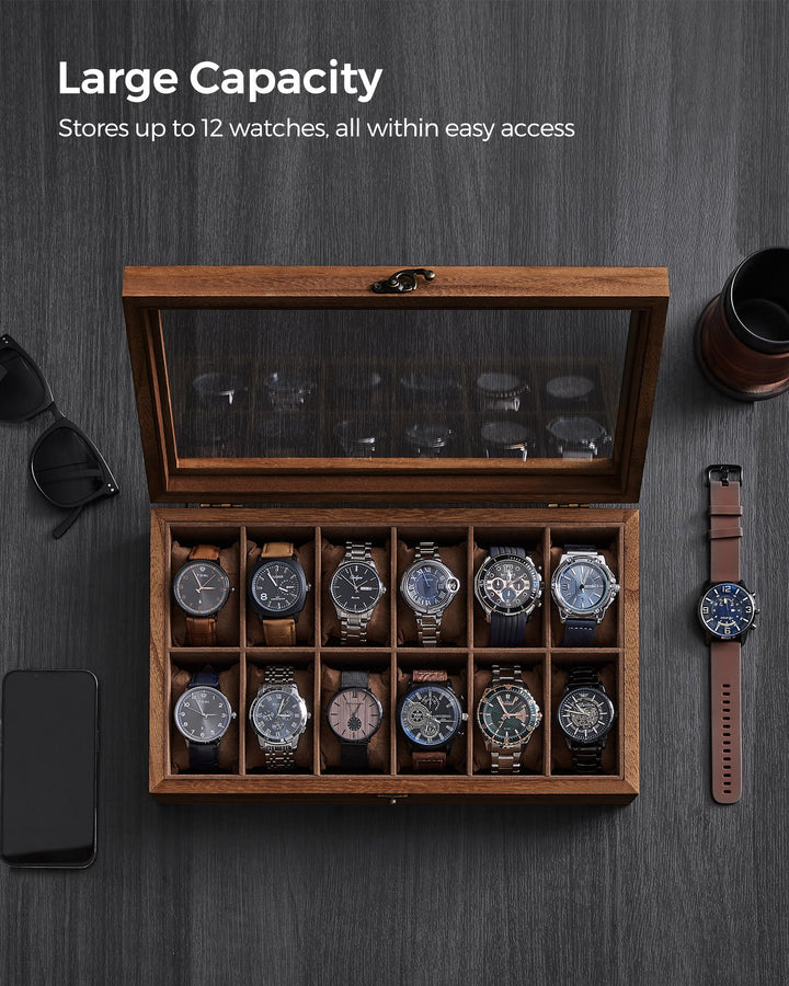 Watch Box Organiser with Glass Lid - Rustic Walnut
