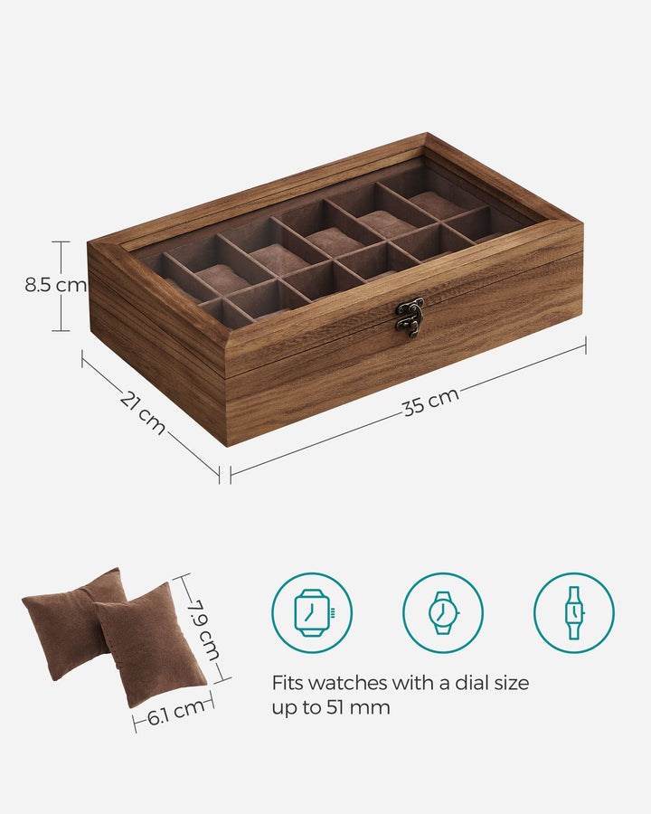 Watch Box Organiser with Glass Lid - Rustic Walnut