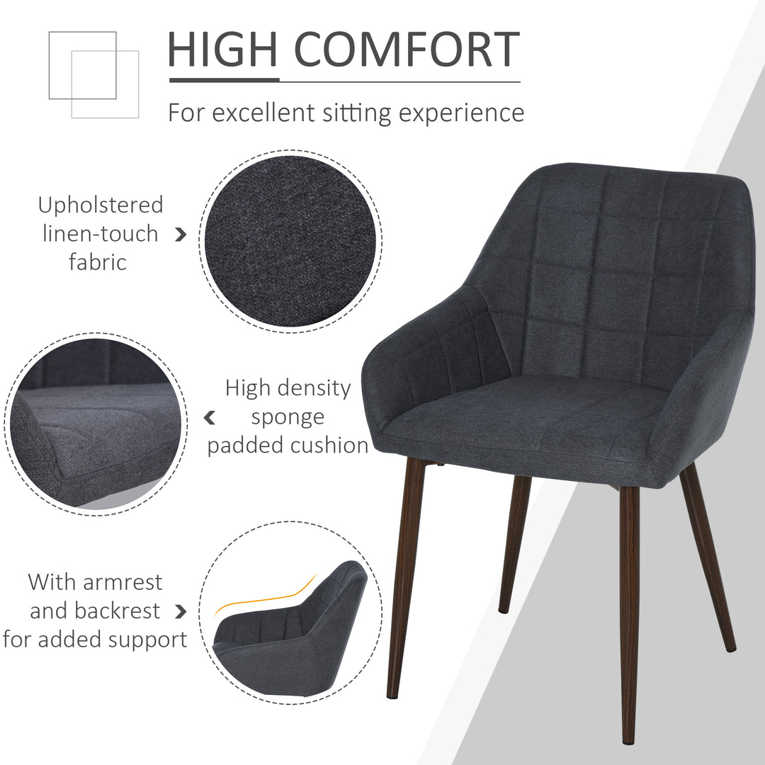 2 Pieces Linen-Touch Fabric Dining Chair with Grid Pattern Cushion and Backrest, Mid Back Leisure Chair with Steel Leg, Sponge Padded Armchair for Dining Room