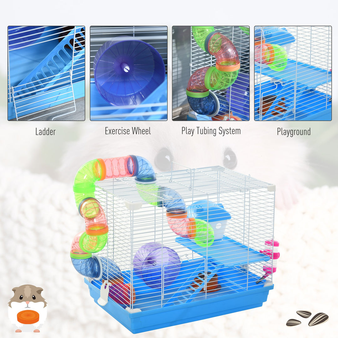 Pawhut 2 Tier Hamster Cage Carrier Habitat Small Animal House with Exercise Wheels Tunnel Tube Water Bottle Dishes House Ladder for Dwarf Mice, Blue