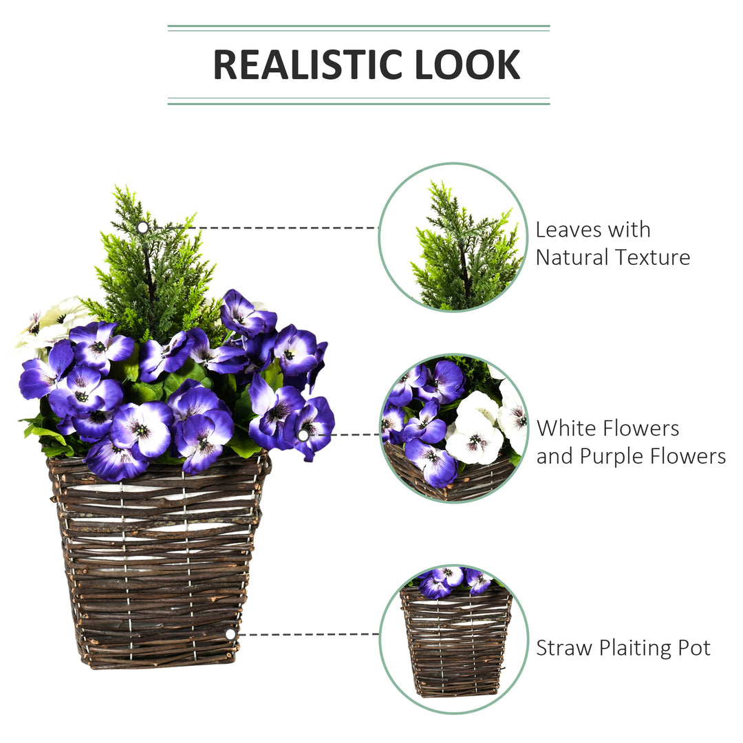 Set of 2 Artificial Plant Phalaenopsis Decorative Plant with Straw Plaiting Pot, Fake Flower 45cm, White & Purple