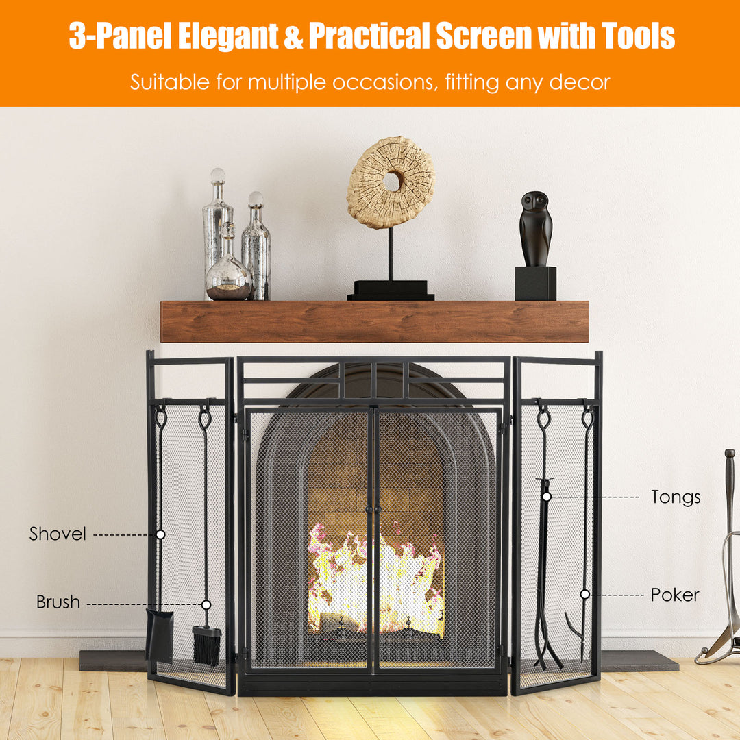 3-Panel Folding Fireplace Screen with Fireplace Tools Set-Black