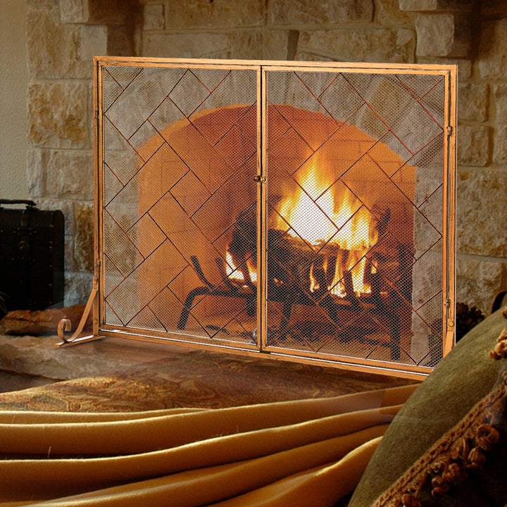 Mesh Fireplace Screen with Double Magnetic Doors-Golden