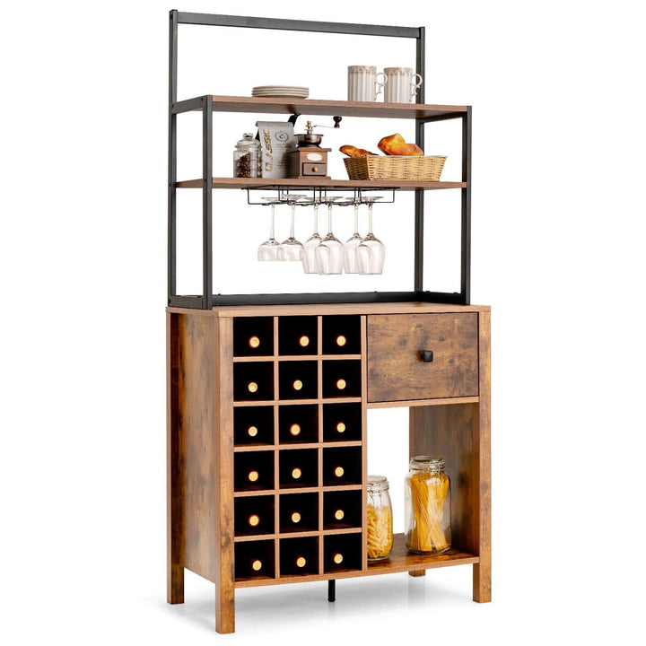 3-Tier Freestanding Kitchen Cabinet with Wine Rack and Drawer-Rustic Brown