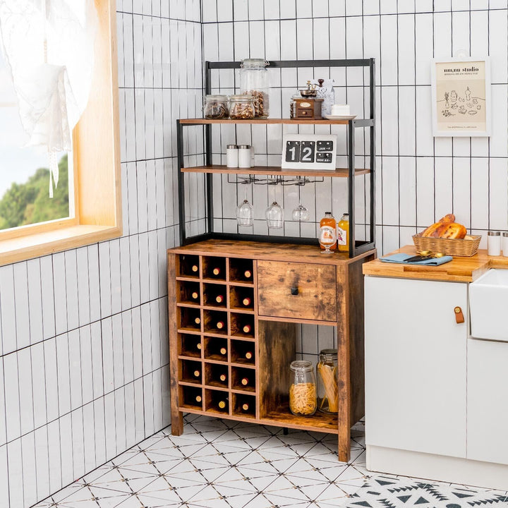 3-Tier Freestanding Kitchen Cabinet with Wine Rack and Drawer-Rustic Brown