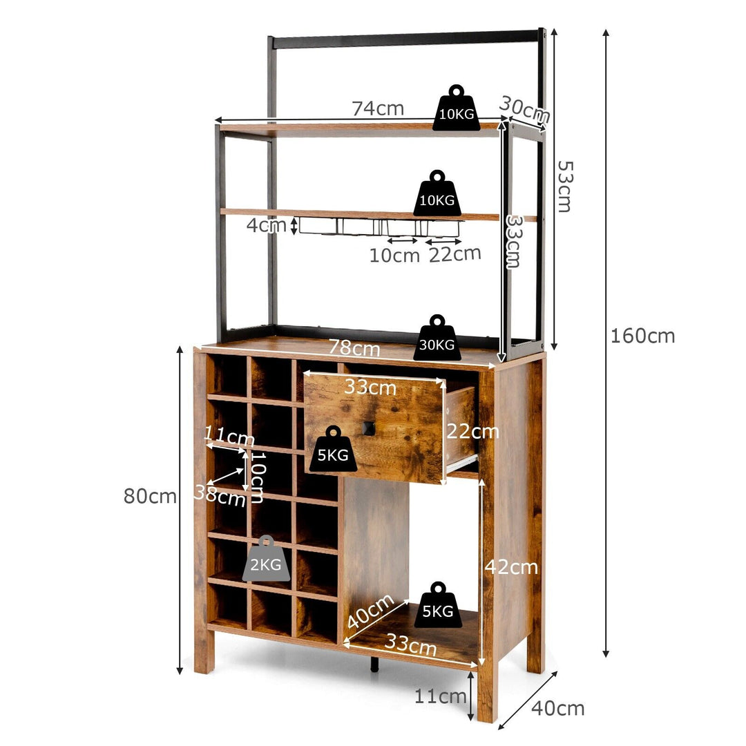 3-Tier Freestanding Kitchen Cabinet with Wine Rack and Drawer-Rustic Brown