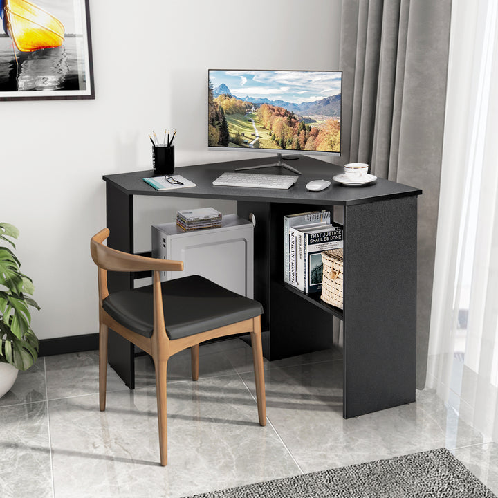 Triangle Corner Computer Desk with Open Shelf and Cable Holes-Black