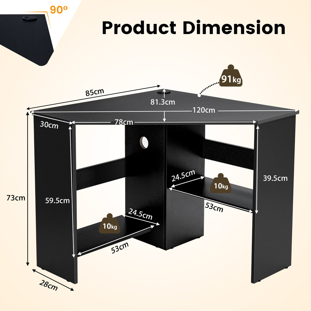 Triangle Corner Computer Desk with Open Shelf and Cable Holes-Black