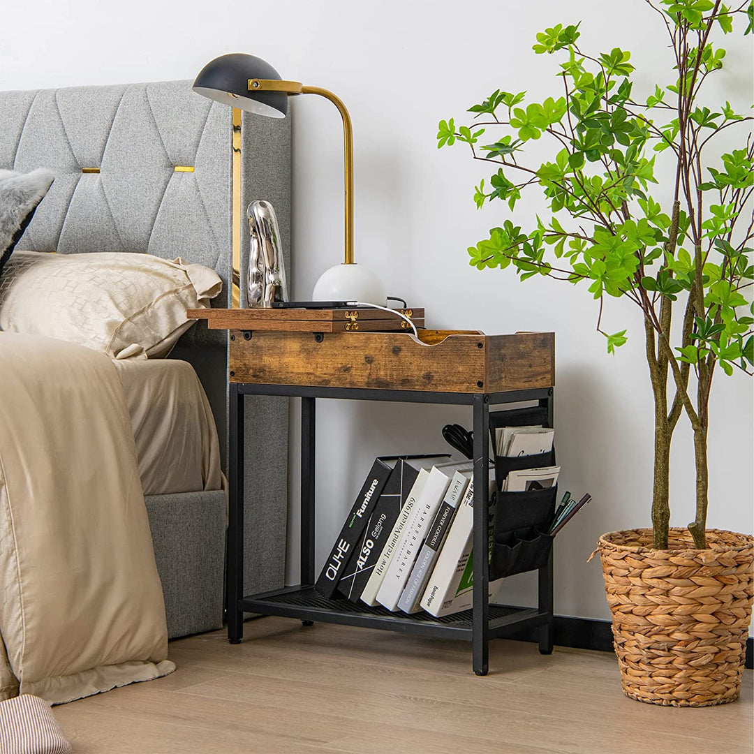 Industrial Slim Sofa Side Table with Charging Station and Flip Top