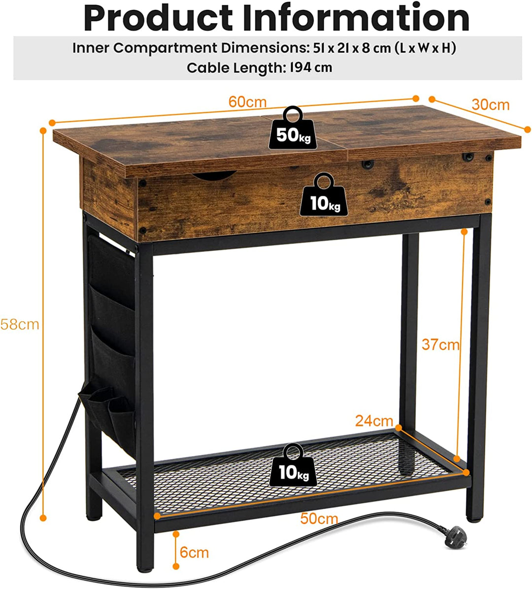 Industrial Slim Sofa Side Table with Charging Station and Flip Top