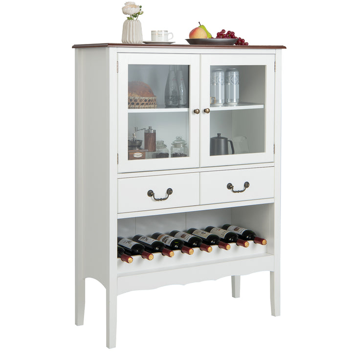 Wooden Kitchen Sideboard with Wine Rack 2 and Glass Doors-White