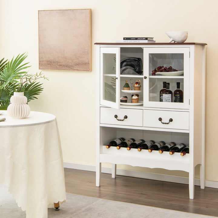 Wooden Kitchen Sideboard with Wine Rack 2 and Glass Doors-White