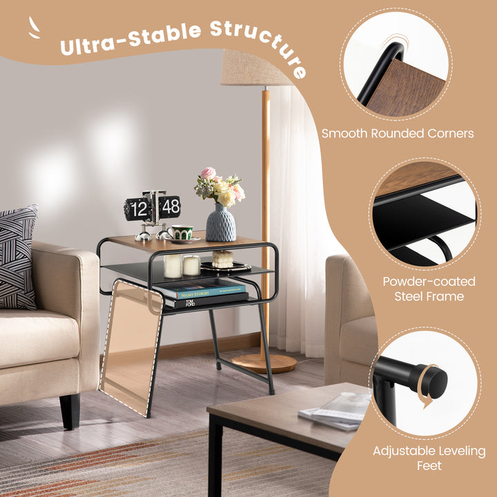 3-Tier Sofa Side Table with Storage Shelf for Living Room Bedroom-Brown