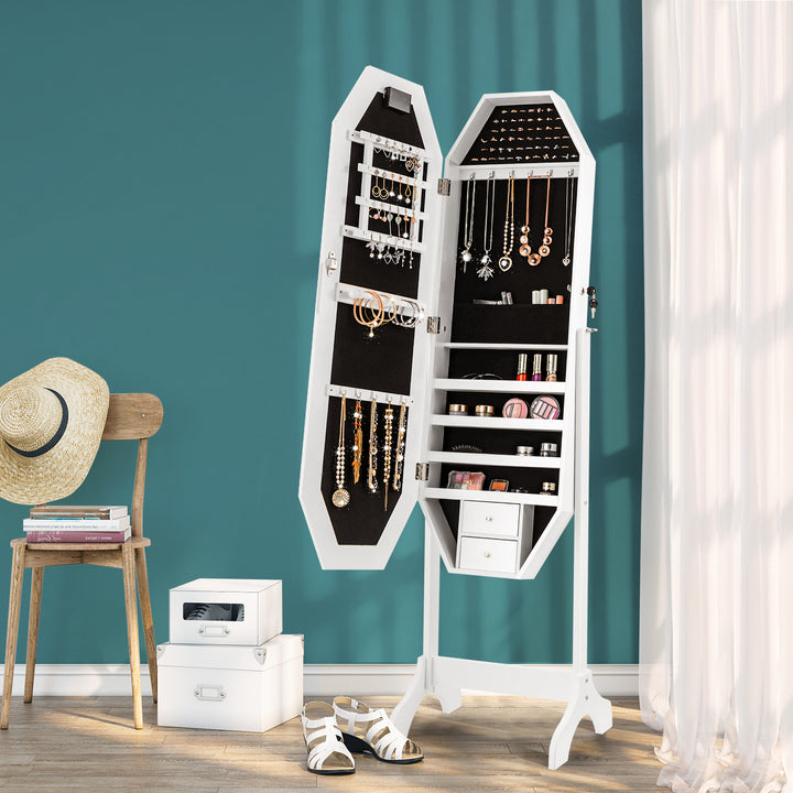 Standing Jewelry Cabinet with Full Length LED Mirror and Touch Switch-White