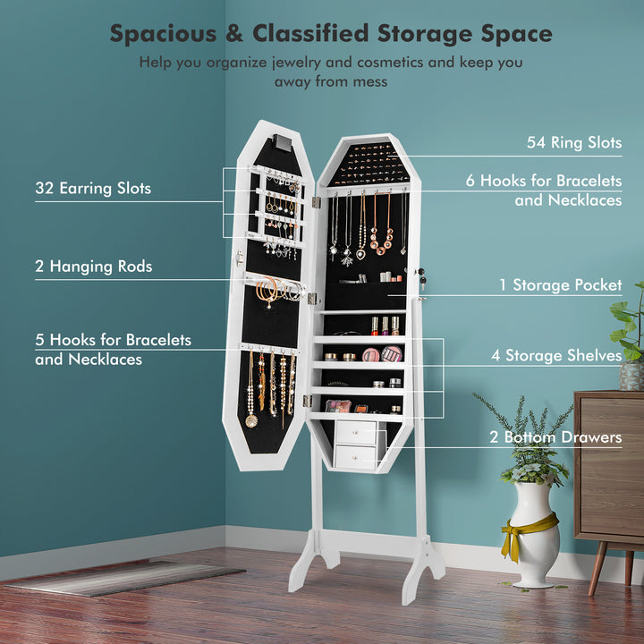 Standing Jewelry Cabinet with Full Length LED Mirror and Touch Switch-White
