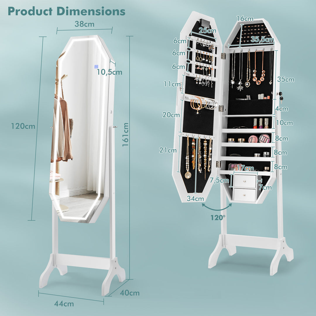 Standing Jewelry Cabinet with Full Length LED Mirror and Touch Switch-White