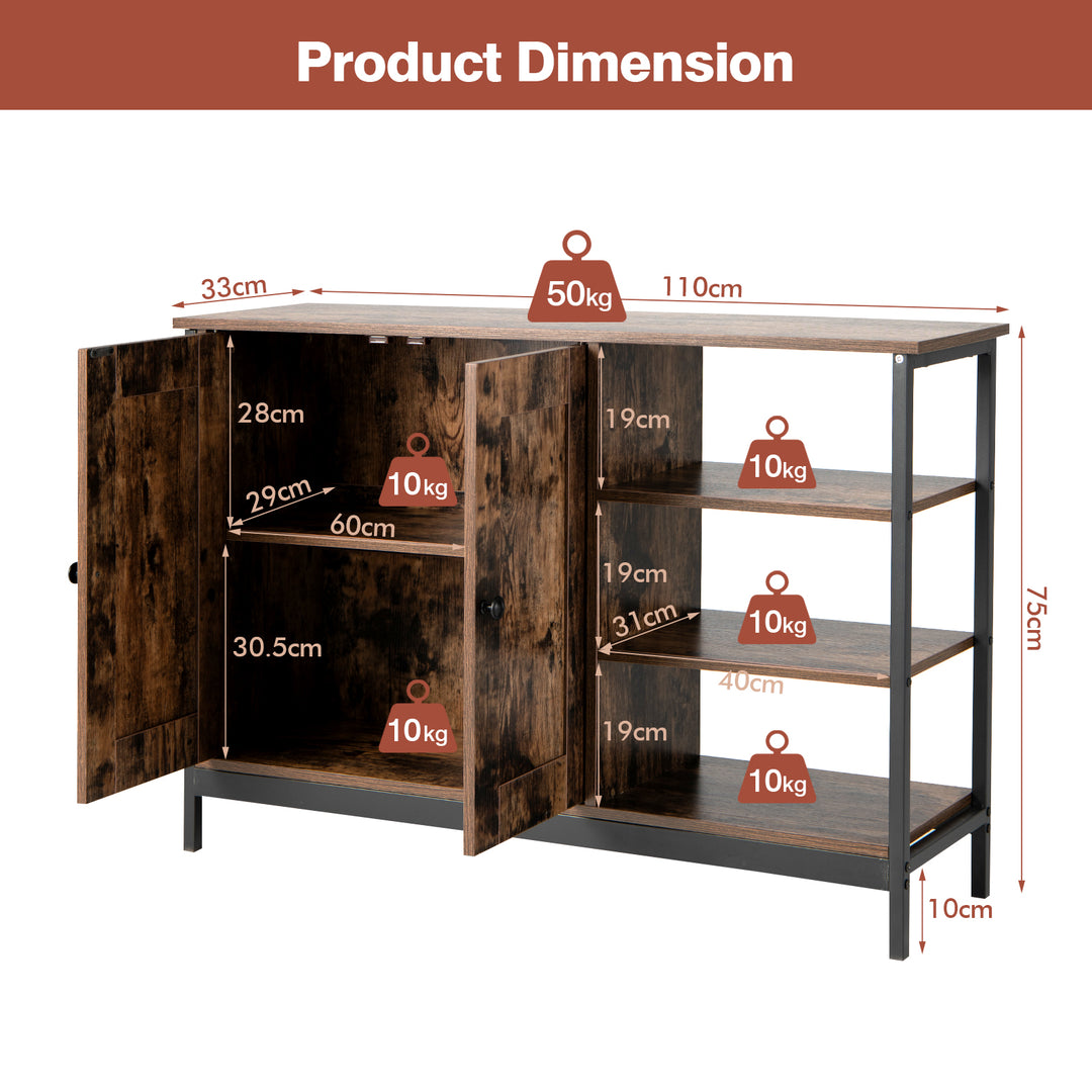 Industrial Kitchen Buffet Cabinet with Doors and Adjustable Shelves-Brown